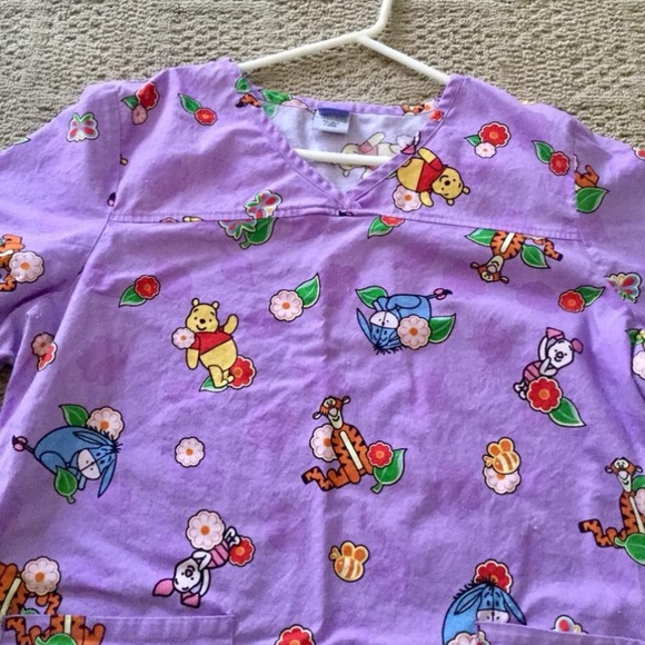 Disney Womens Medical Scrub Top Winnie the Pooh Tigger Eeyore Piglet Purple - Picture 5 of 11